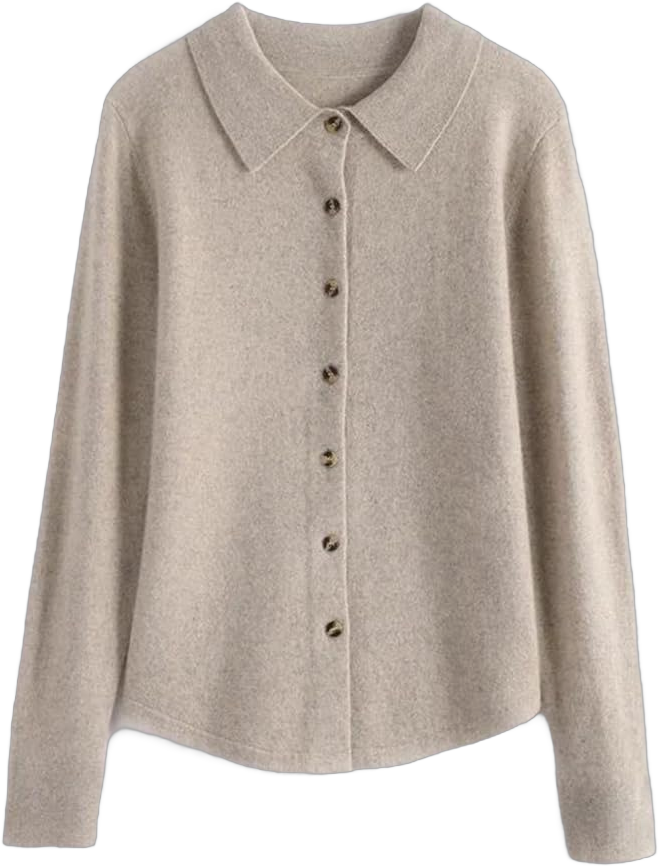 Women's 100% Merino Wool Knitted Sweater Coat Polo Collar Cardigan Sweater Button Down Jumper Large Beige