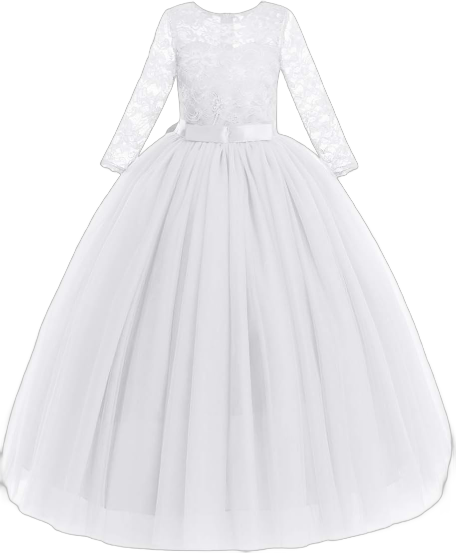 Flower Girls Lace Dress for Kids Wedding Bridesmaid Pageant Party Maxi Gown Princess Communion Puffy Tulle Ball Dresses 7-8 Years # White