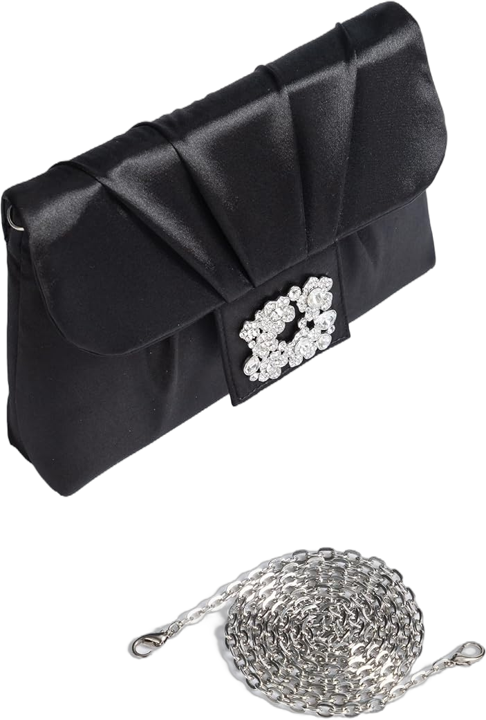 Coucoland Clutch Purses for Women - Satin Evening Bag Pleated Crossbody Bags Rhinestone Embellished Handbag for Wedding Party Black