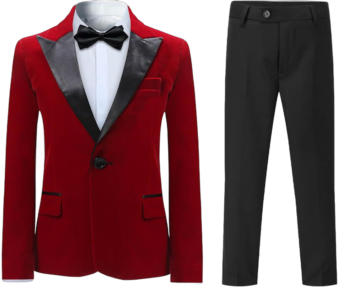 Boyland Boys Tuxedo Suit Velvet Peak Lapel Vintage 2 Pieces Slim Fit Jacket Pants Suit Set Prom Party Red 10 Years