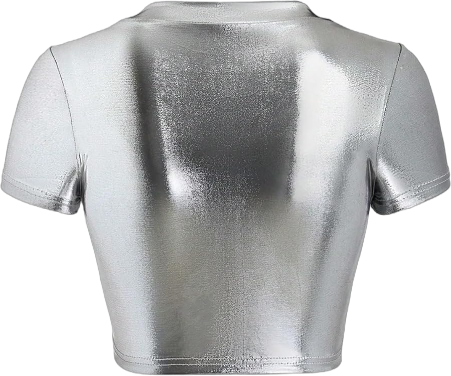 SOLY HUX Women's Y2k Metallic Tee Mock Neck Short Sleeve Crop Tops T Shirt Medium Solid Silver