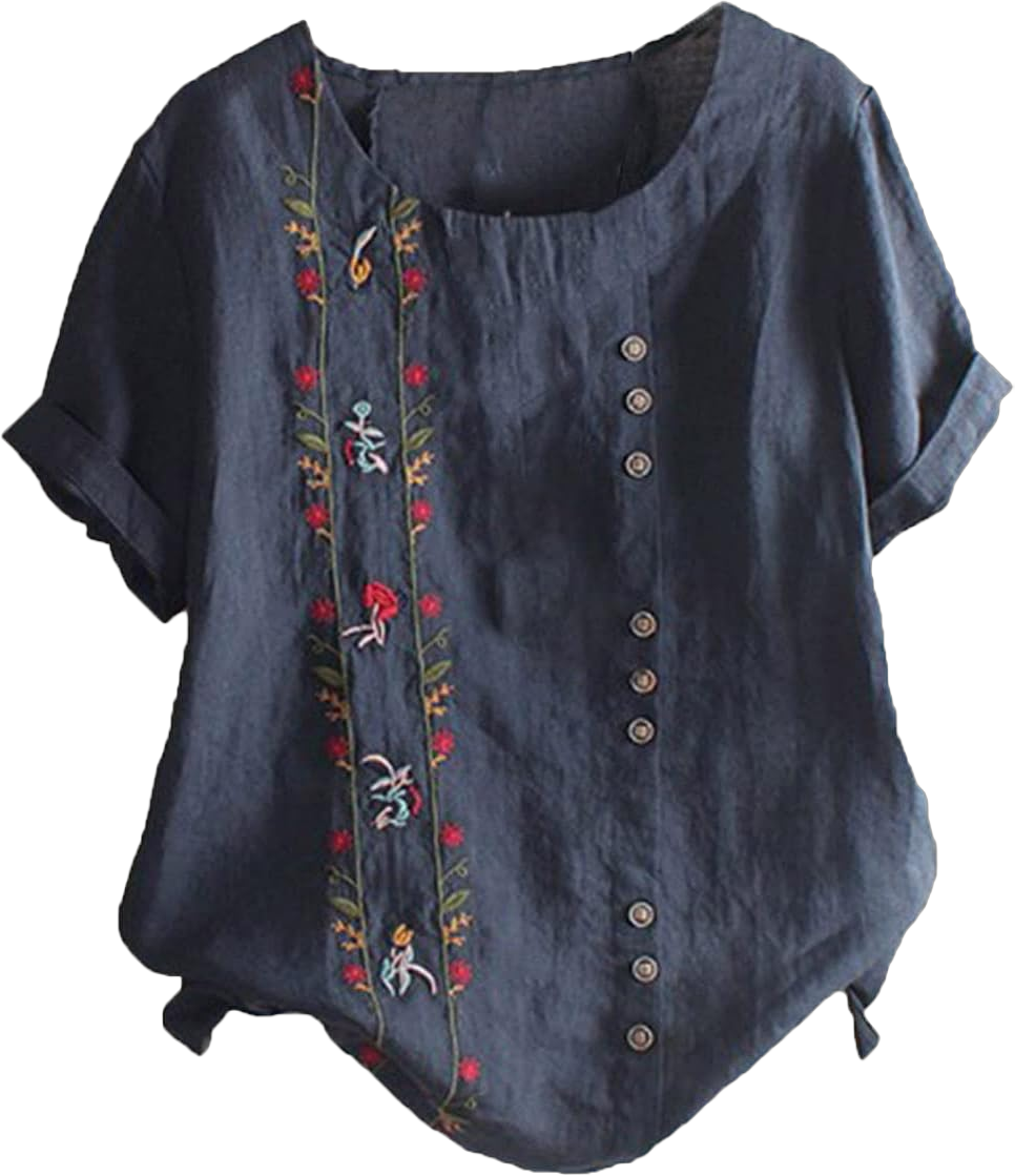 Women's Plus Size Cotton Linen Blouse Short Sleeve Embroidered Floral Print Shirts Casual Round Neck Button Tops Tunic Blue Medium