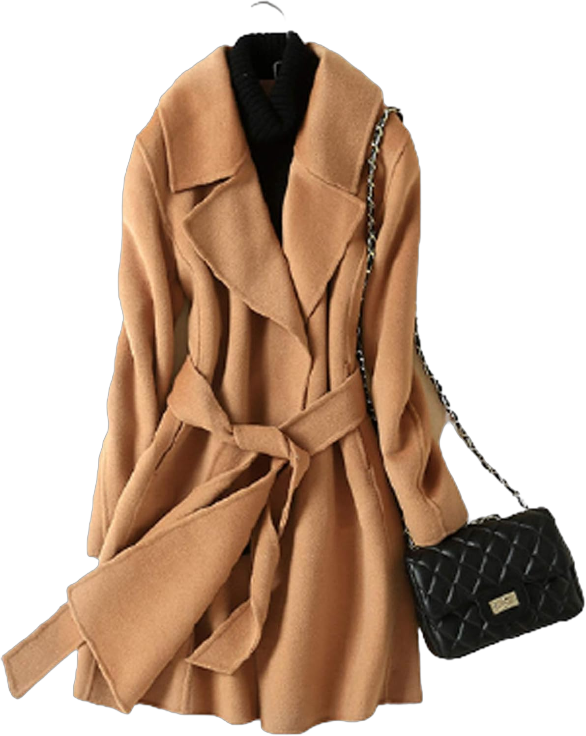 Womens Wool Coats Cashmere Trench Autumn Winter Solid Color Warm Mid Length Slim Overcoat Cardigan Jackets Outwear with Belt,Camel,M Medium Camel