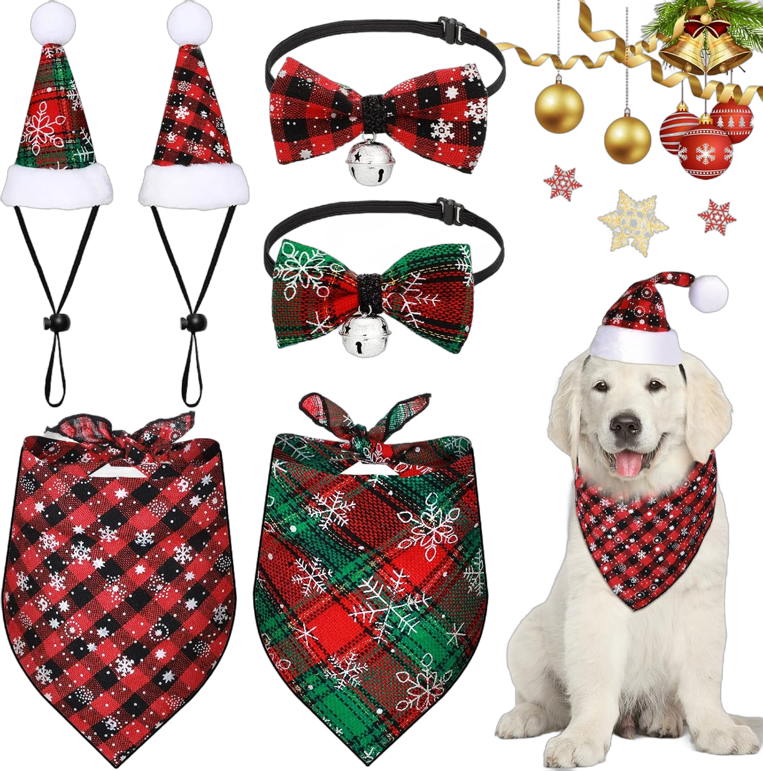 6 Pieces Dog Christmas Outfit Include 2 Pieces Dog Christmas Bandana 2 Pieces Dog Christmas Hat and 2 Pieces Bow Tie Collar Dog Apparel and Accessories for Small Medium Dog PET (Vivid Pattern)