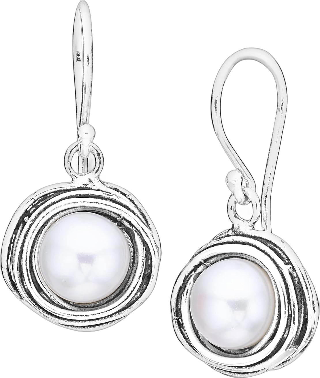 925 Sterling Silver Dangle Drop Earrings with Fresh Water Pearl - Wire Wrapped & Beaded Bezel Vintage Artisan Handcrafted Design - Hypoallergenic, Nickel & Lead-free - French Wire Back White Pearl