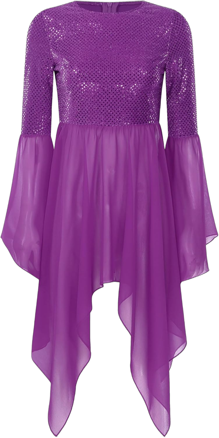 Women's Sequins Chiffon Praise Dance Tunic Tops Long Flare Sleeve Worship Church Dance Overlays XX-Large Purple