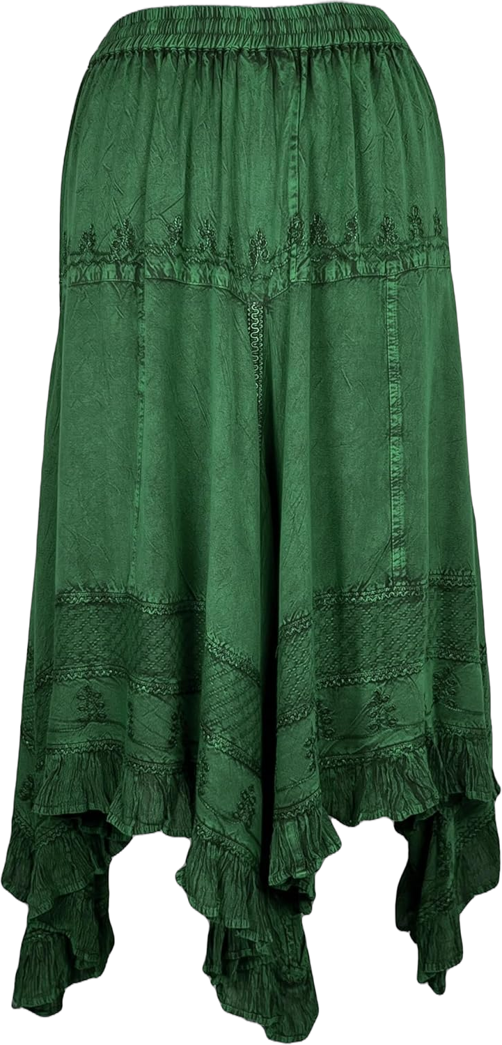 Agan Traders Fall Women's Flowy Handkerchief Hemline Midi Maxi Skirts for Women - Gypsy Embroidered Ruffle Long Skirts 2X-3X H Green - 403