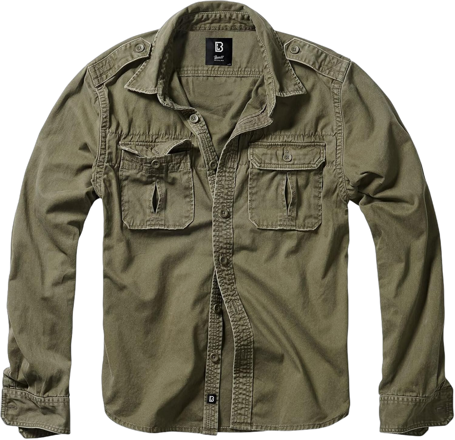 Brandit Individual WEAR Men's Rugged Cotton Breathable Casual Button Down Long Sleeve Shirt with Raw Edges & Shoulder Boards Small Olive