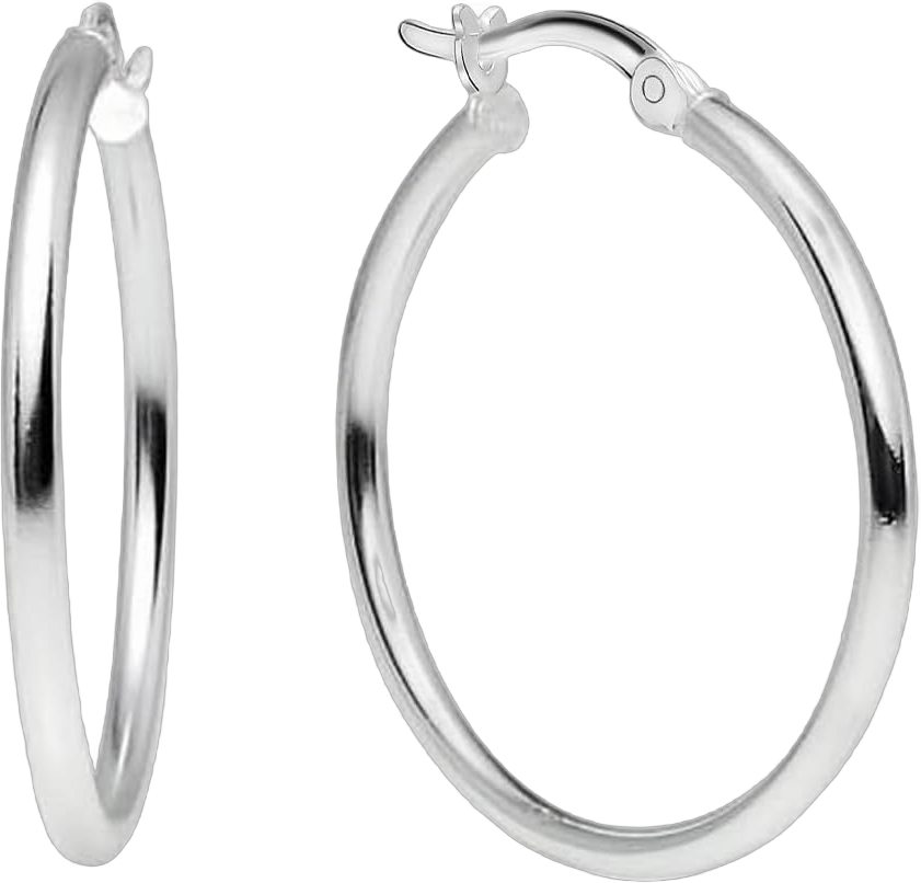 Charmsy 925 Sterling Silver Hoop Earrings for Women | 14K Gold-Plated 2 MM Thickness Classic & Twisted Hoops Earring for Women | Size 15/20/25/30/40/50MM 30 MM Silver Classic