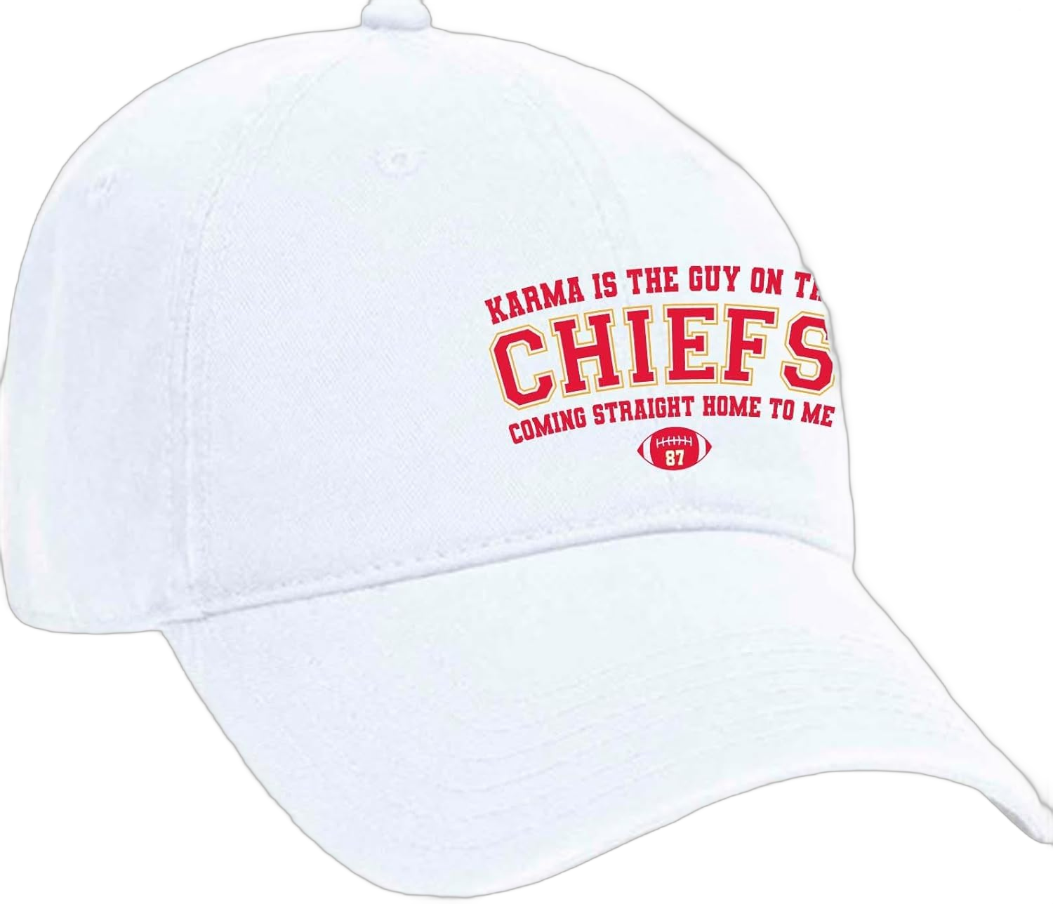 Trenz Shirt Company - Women's Funny Hat Karma is The Guy in The Chiefs Embroidered Dad Hat Baseball Cap, White