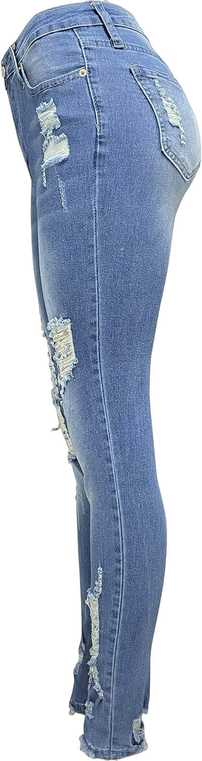 Women's Mid Rise Skinny Stretch Ripped Jeans Mid Waisted Destroyed Tight Denim Pants Large Blue