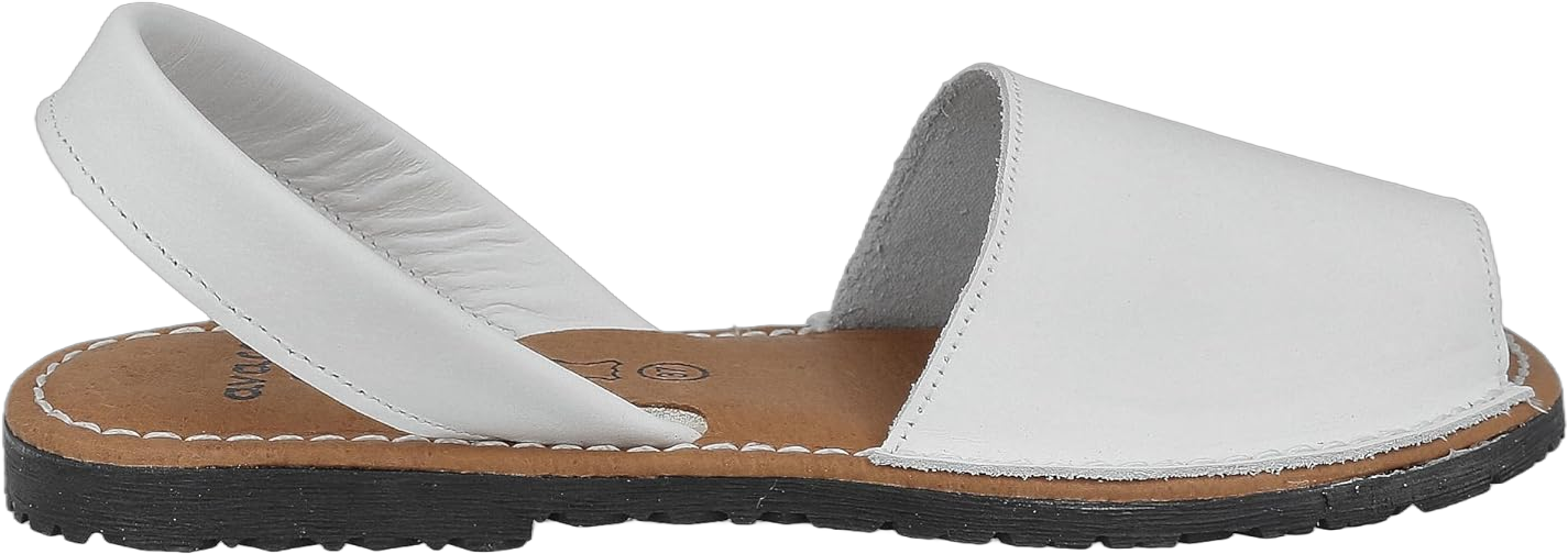 Flat Leather Peep Toe Sandals for Women. Made in Spain. Summer Sling Back Espadrille Menorcan Menorquinas. Padded Insole. Open Heel. Leather, White, and Black.