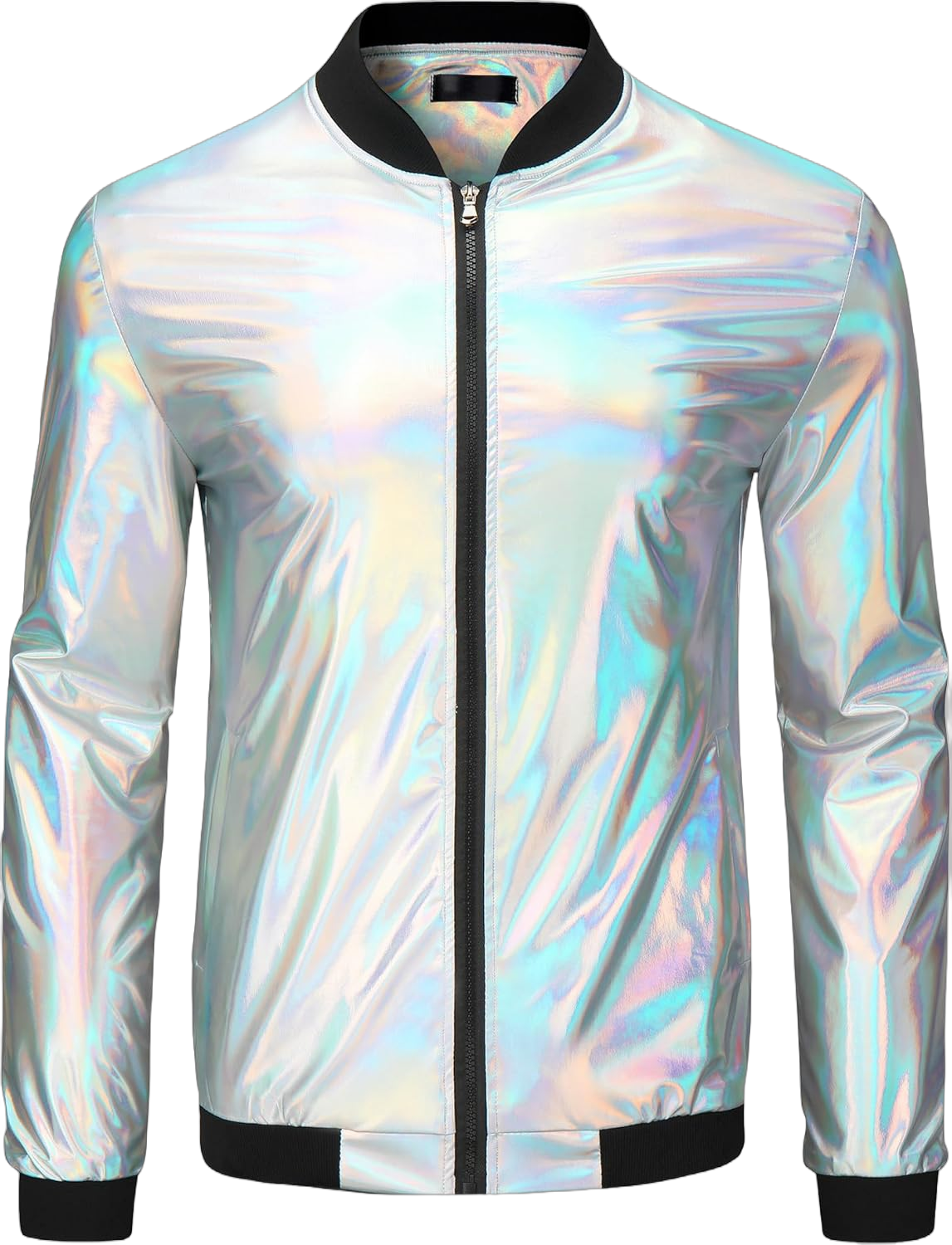 Lars Amadeus Metallic Varsity Silver Holographic Jacket for Men's Zip Up Long Sleeves Shiny Silver Bomber Jacket Medium