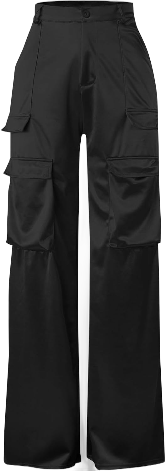 NRTHYE Women High Waisted Satin Cargo Pants Wide Leg Casual Pants Multi Pockets Straight Trousers X-Large 00 Black