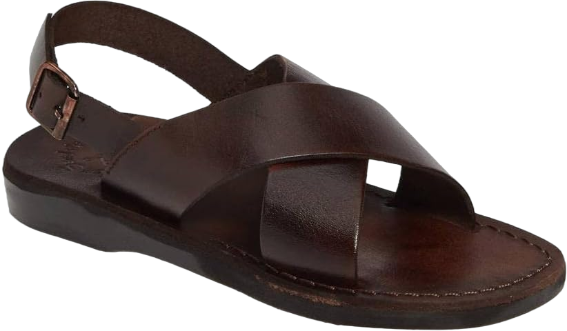 Jerusalem Sandals Mens Elan Buckle Black, Durable Handcrafted Real Leather Sandals, Adjustable Slingback Strap With Buckle Closure, Leather Upper Wide straps, Textured sole, Waterproof 8 Brown