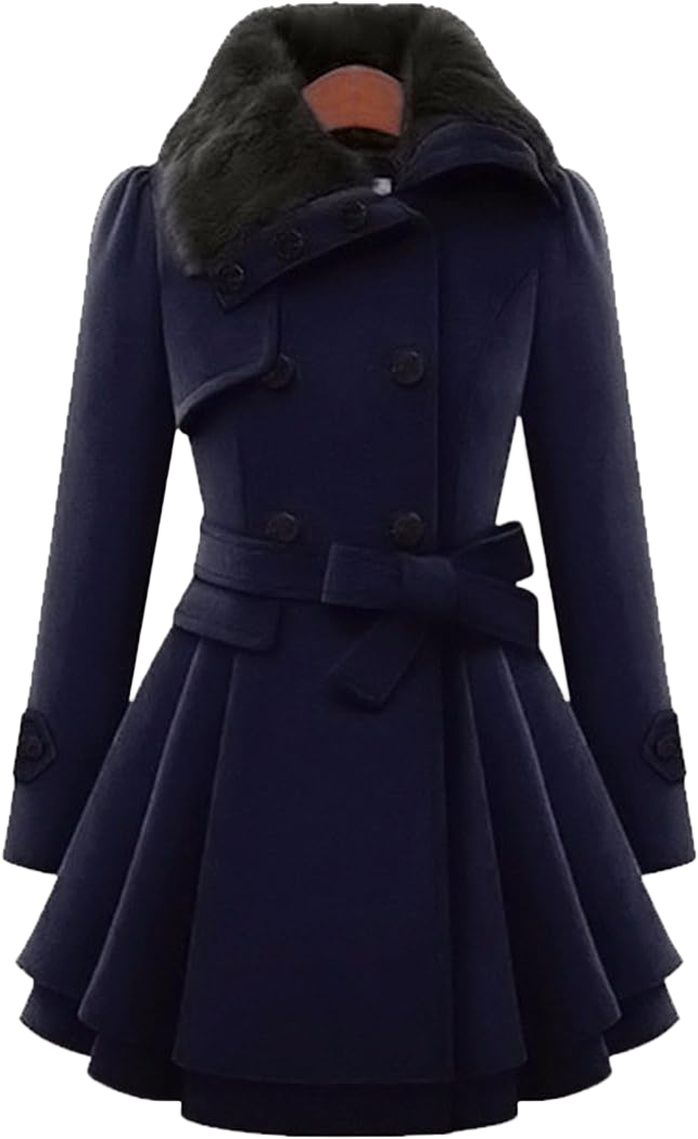 Sexyshine Women's Winter Faux Fur Lapel Double-Breasted Trench Coat A-Line Thick Slim Flared Wool Blend Pea Coat Jacket X-Large Dark Blue