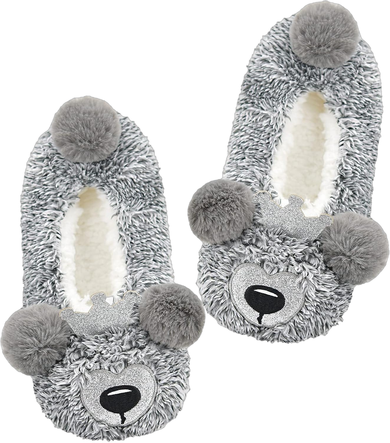 Panda Bros Womens Animal Thick & Warm Slipper Socks With Non Slip Grippers On Bottoms, Character House Shoes, Novelty Slippers for Ladies 10-13 Gray Dog