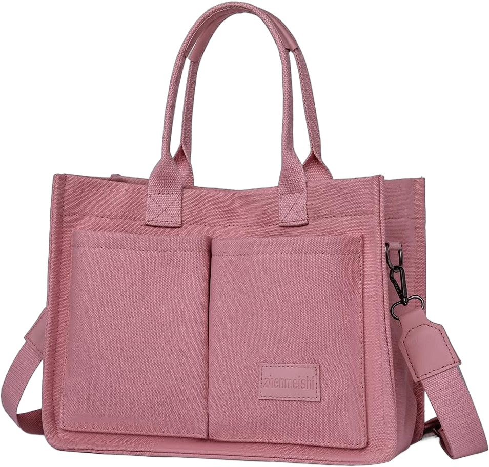 Canvas Tote Bag Everything Tote Bag with Multi Pockets for Women Large Crossbody Mommy Diaper Bag Handbag for School Pink