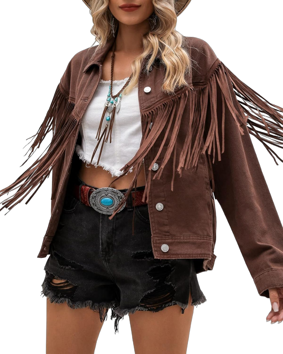 Vetinee Denim Jacket for Women Fringe Trucker Jean Jacket Distressed Western Cowgirl Shacket Jackets Coachella Festival Small Brown