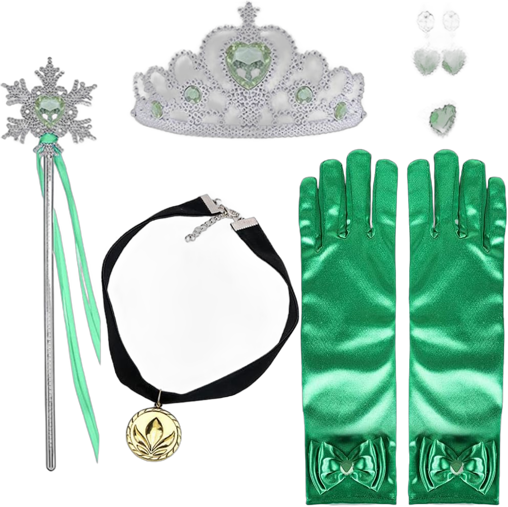 Princess Anna Costume Dress up Accessories for Girls Frozen Anna Cosplay Accessories Christmas Gifts Set Gloves Tiara Crown Necklace Wand Earrings Ring Princess Accessories Greenanna