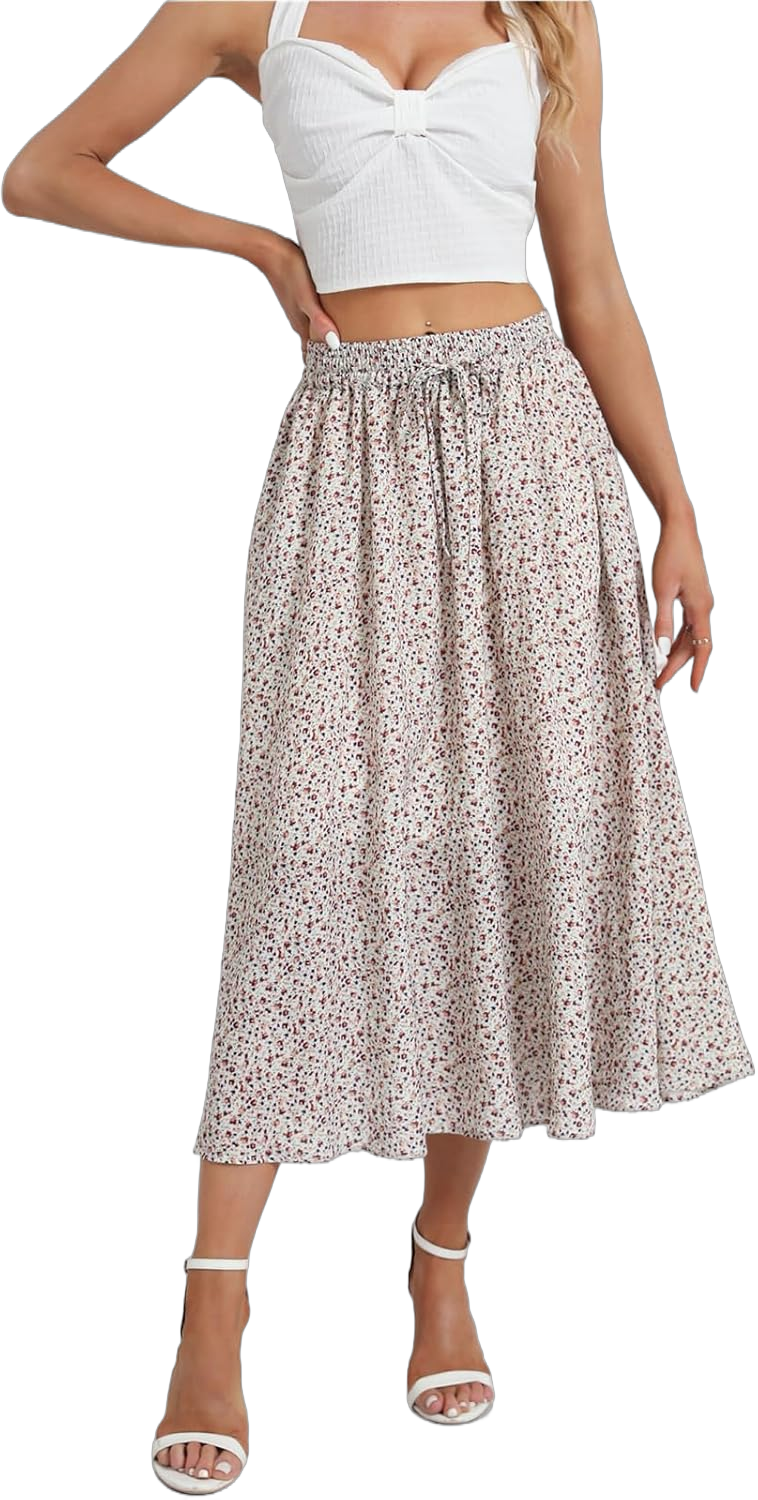 Maxi Skirts for Women with Pockets Long Midi Length Casual Skirt for Beach Party Holiday White Floral