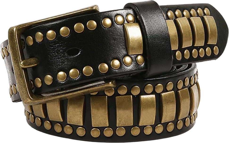 Mens Full Grain Leather Belt Studded Belts for Men Jeans Casual 1 1/2" Wide Wide Black (#735b2) 38 (waist 37-38)