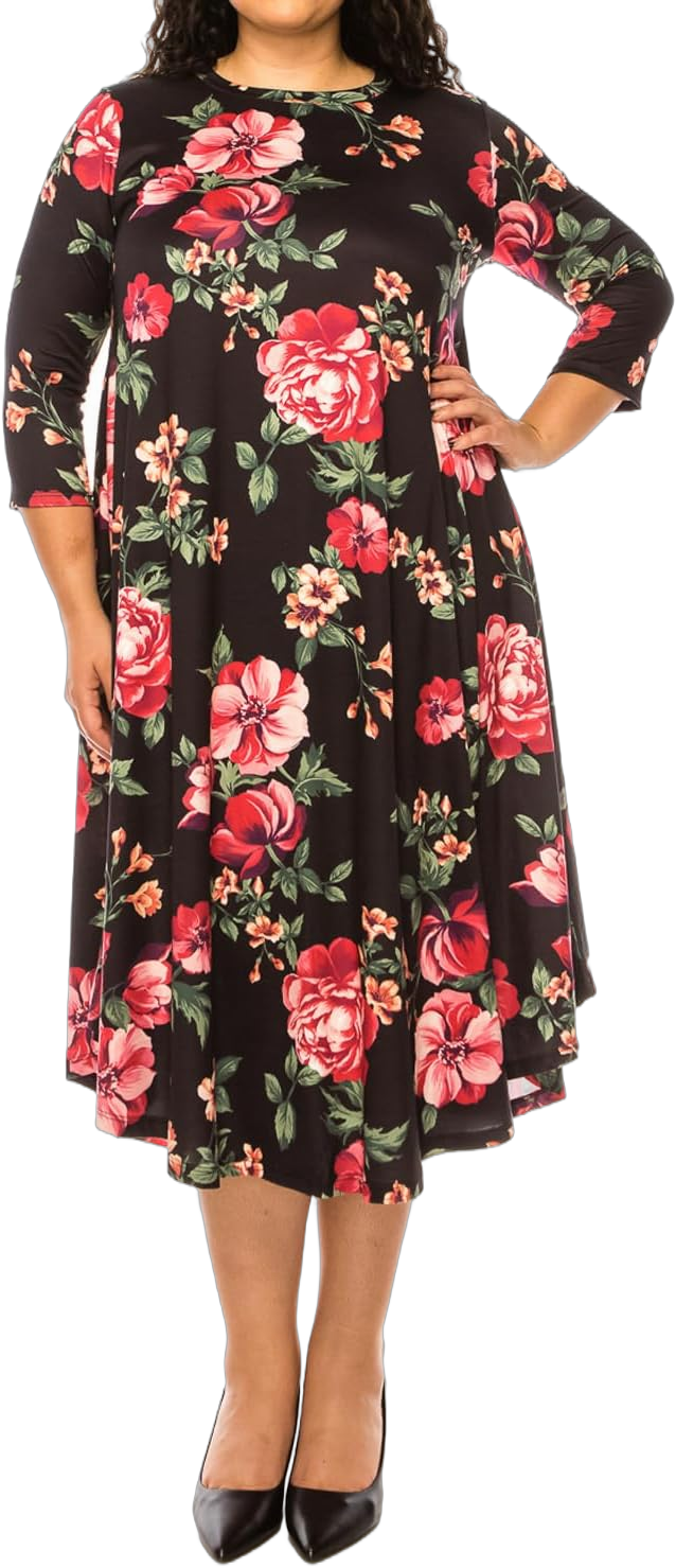 Pastel by Vivienne Women's A-Line Swing 3/4 Sleeve Midi Dress Plus Size Casual Curvy XX-Large Plus Floral Black