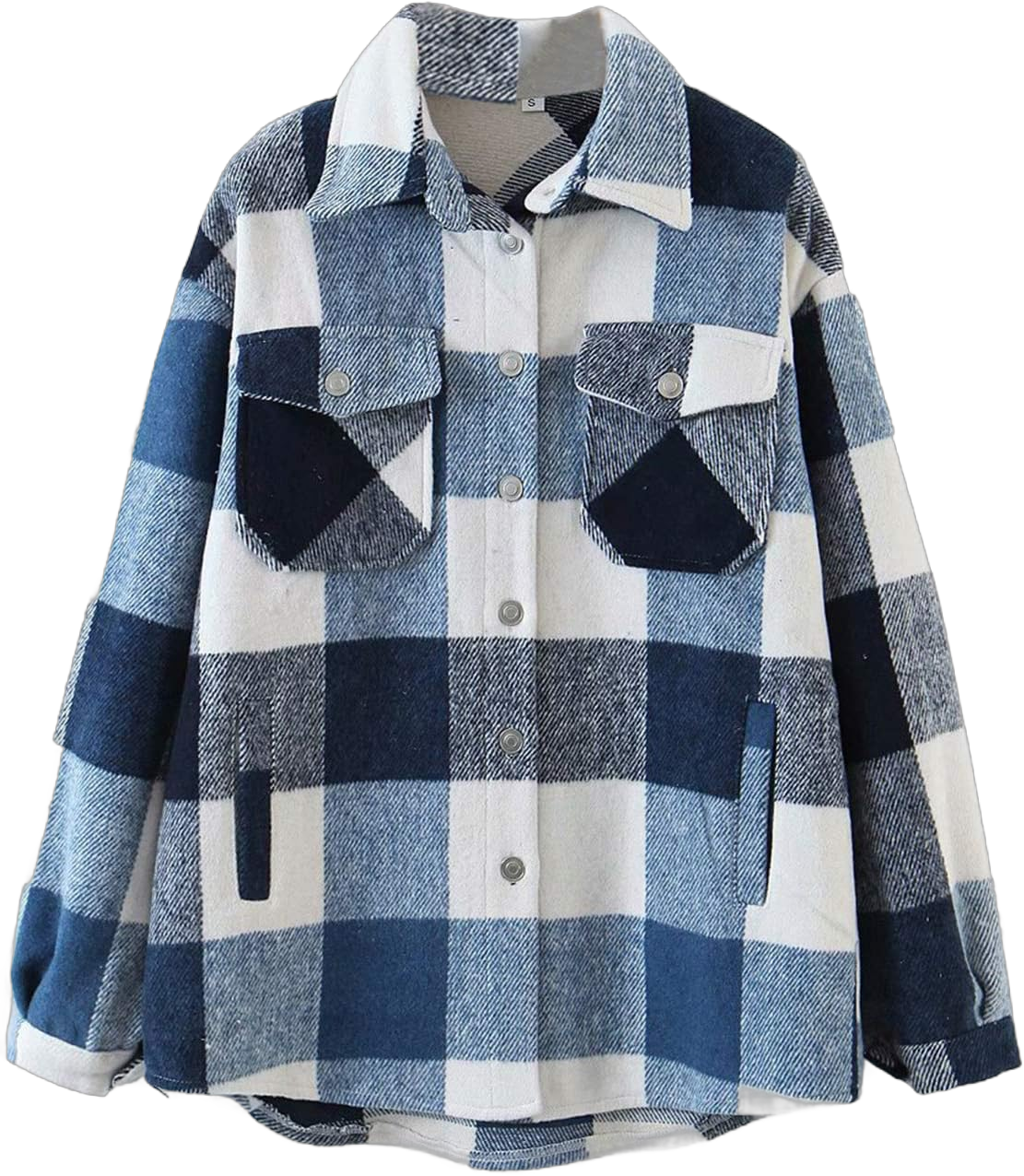 Women's Girl Plaid Button Down Long Sleeve Shacket Jacket Coat Warm Shirt Blouse Casual Outwear with Pocket Royal Blue X-Small