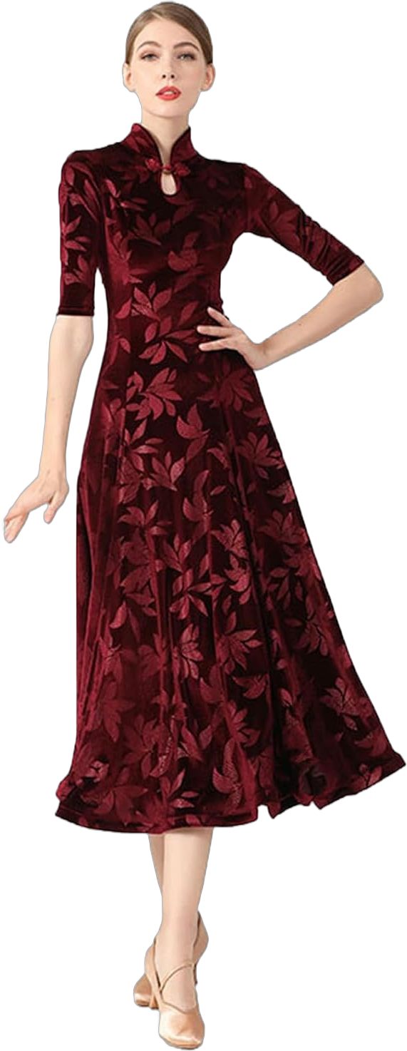 Women Cheongsam Long Dress Evening Short Sleeve Slim Fit Maxi Dress Floral Faux Silk Stand Collar Bodycon Qipao XX-Large Wine Red