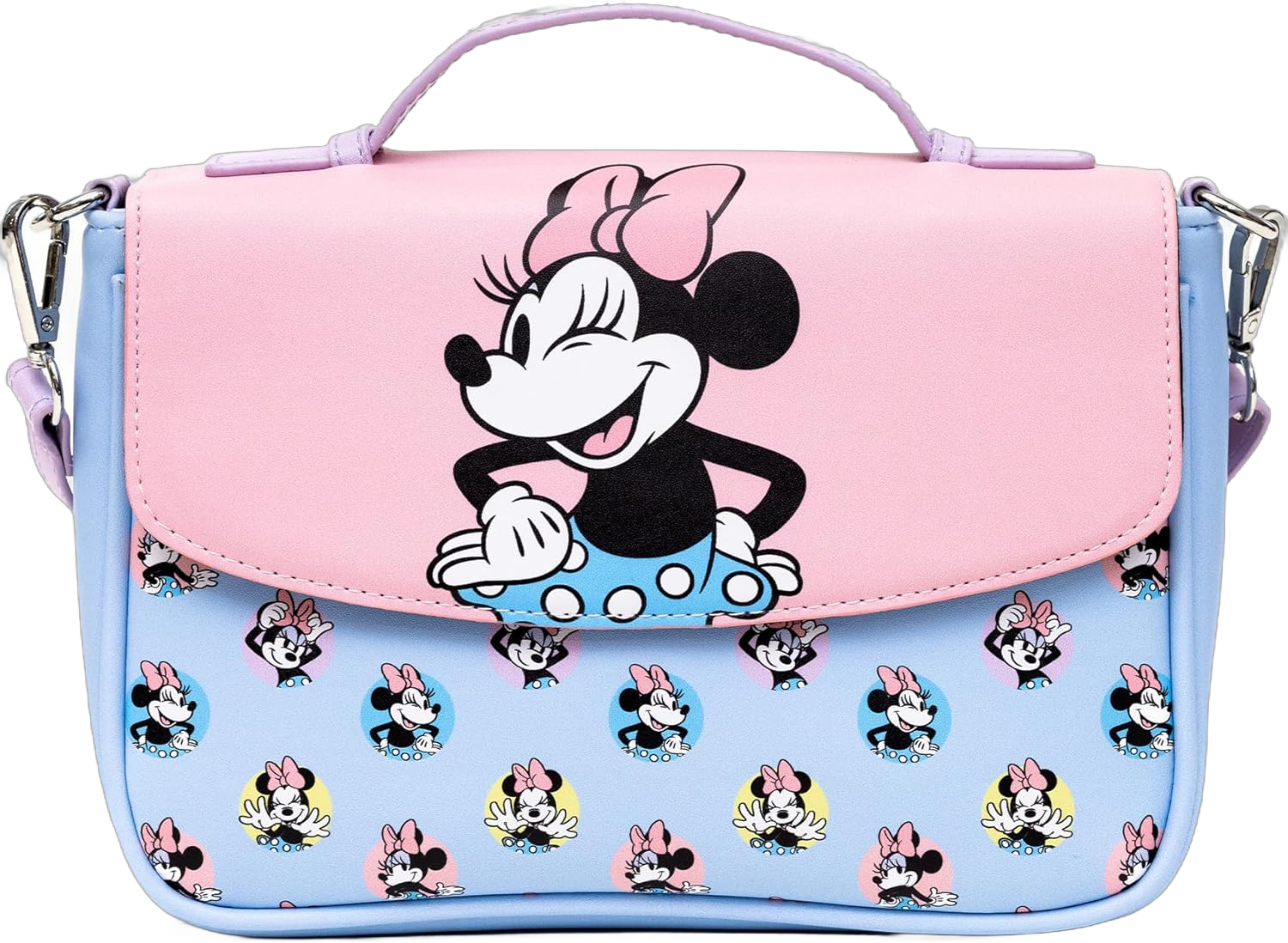 Disney Vegan Leather Fold Over Crossbody Bag for Women, Minnie Mouse Winking Pose Pink and Polka Dot Poses Baby Blue