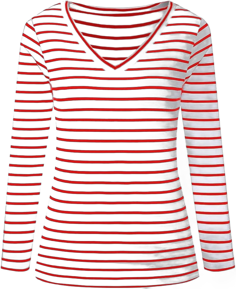 LilyCoco Womens Breton Striped Shirt V Neck Long Sleeve Top Casual Loose Fit Tee Medium White Red Striped