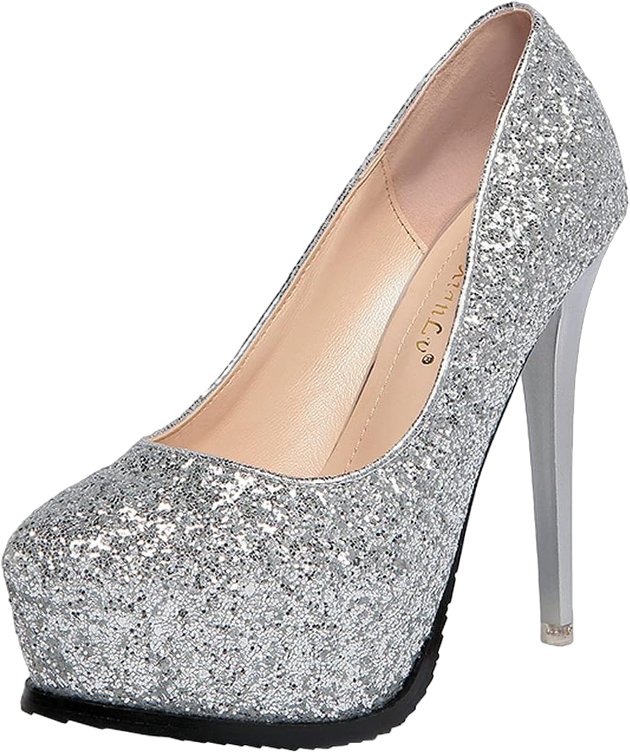 Agodor Women's Glitter Platform High Heel Stilettos Round Toe Platform Pumps Sequin Sparkle Shoes 4.5 Silver