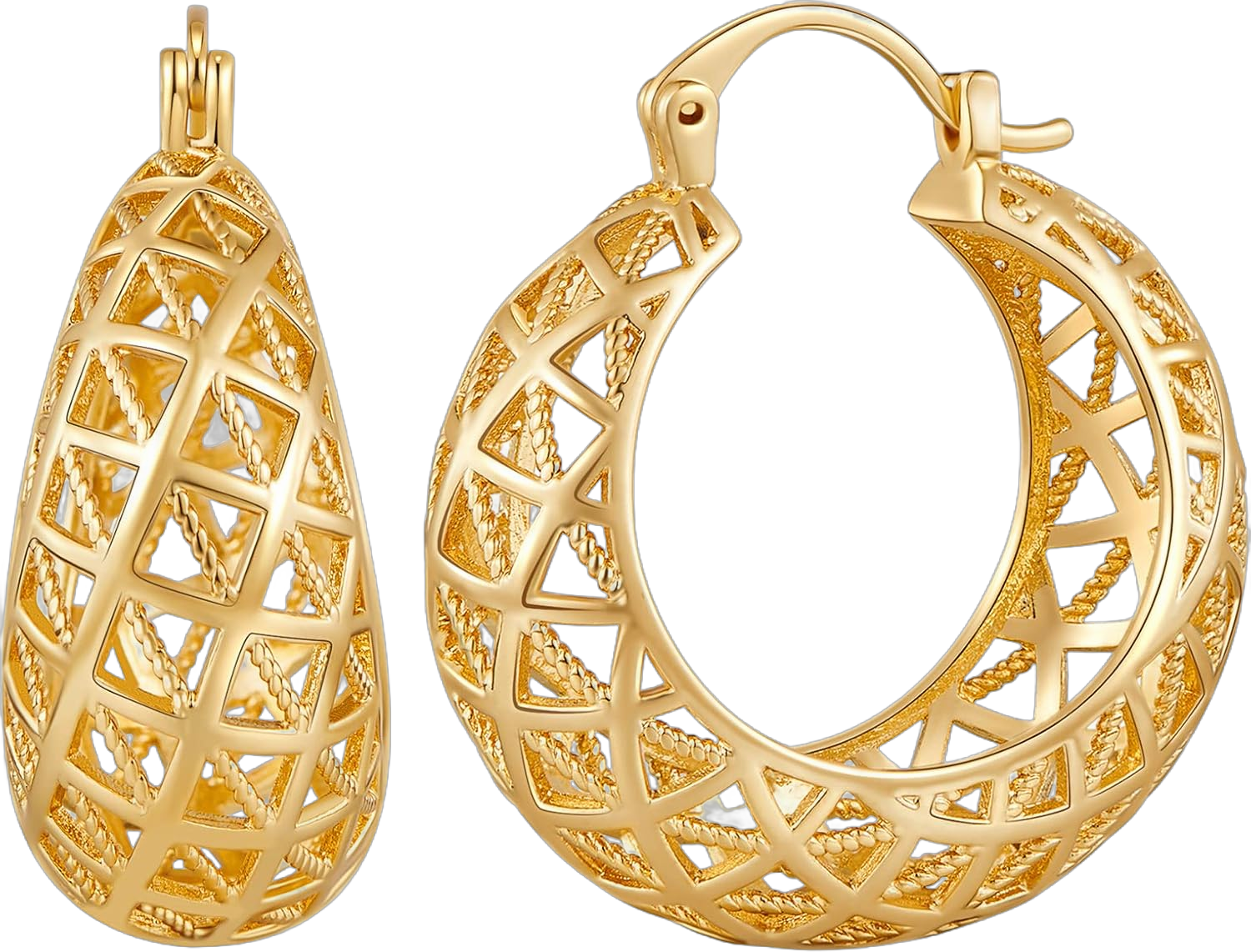 WOWORAMA Gold Filigree Hoop Earrings for Women 14K Gold Plated Thick Chunky Hoop Earrings Boho Vintage Filigree Earrings Wide Large Openwork Hoop Earrings