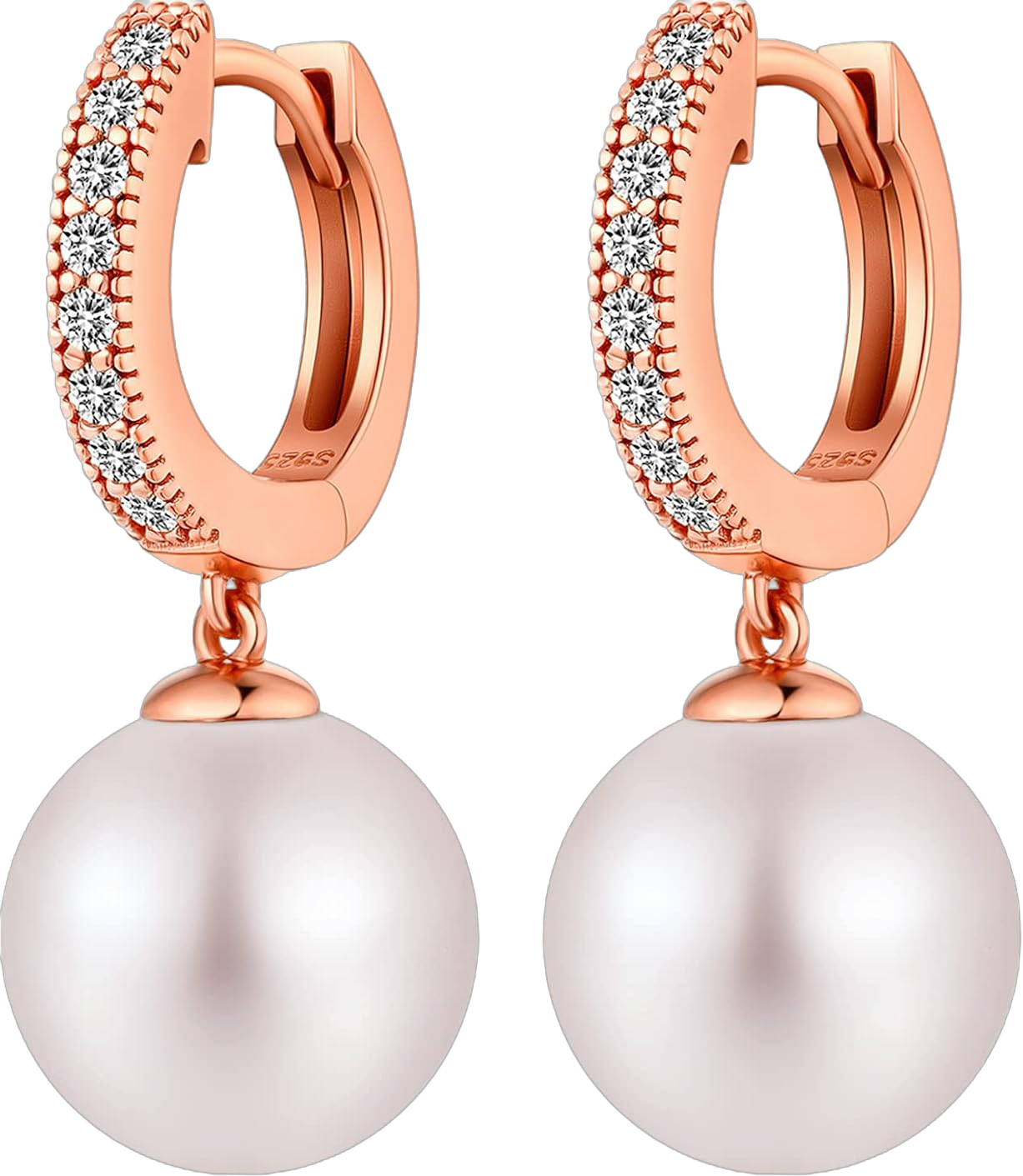 Pearl Dangle Drop Earrings for Women 925 Sterling Silver Pearl Hoop Earrings Cubic Zirconia Pearl Dangling Earrings for Women 10MM A: Pearl Hoop-Rose Gold