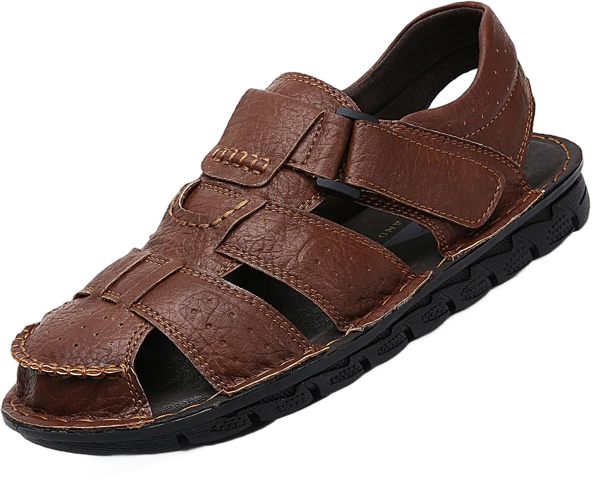 Men's Summer Handmade Leather Sandal Sport Sandals Closed Toe Outdoor Beach Shoes 7.5 Dark Brown