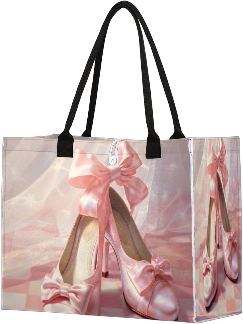 Pink Dancing Shoes Tote Bag for Women Large Beach Bag Reusable Grocery Bags Tote Bag for Work Shopping Travel Beach