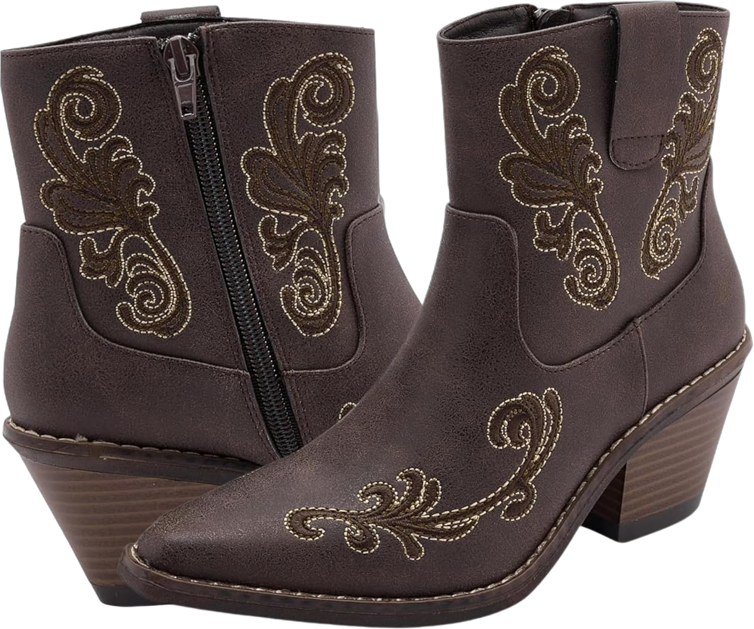 Western Cowboy Boots for Women with Side Zippers - Durable Stack Heel and Ankle Style Cowgirl Boots - Comfortable Faux Leather Cowboy Boots for Women & Teen Girls 7 Dark Brown