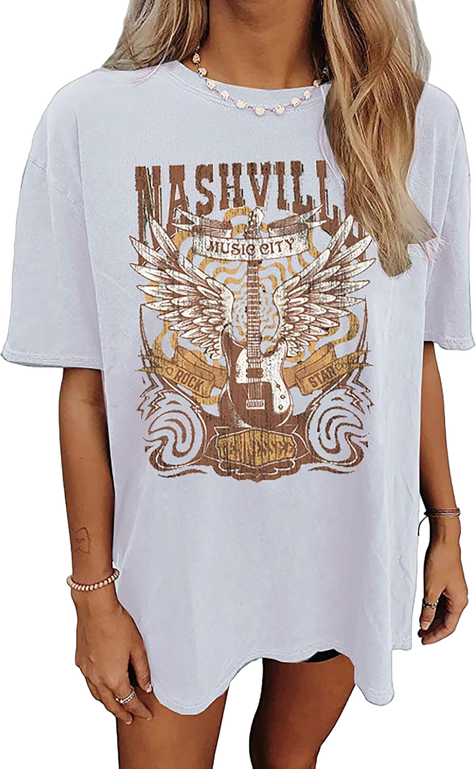 Nashville Music City T-Shirt Women Country Music Oversized Shirts Rock Band Tshirt Vintage Guitar Wings Graphic Tees X-Large White