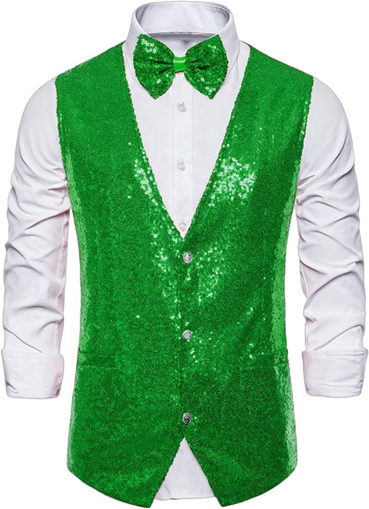 Lars Amadeus Men's Halloween Shiny Sequin Sleeveless Party Prom Suit Vest with Bow Tie Green Small