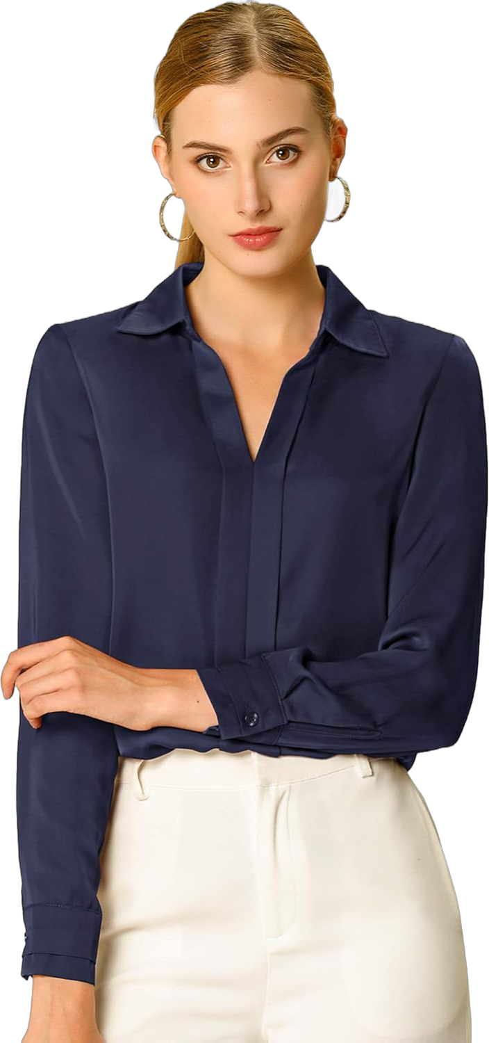 Allegra K Women's Satin Blouse Elegant V Neck Long Sleeve Silky Dressy Office Work Shirt 2024 X-Small Navy Blue