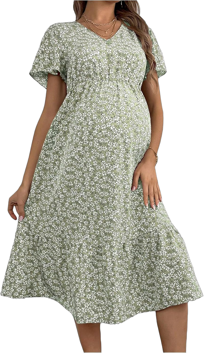 MakeMeChic Women's Maternity Dress Summer Ditsy Floral V Neck Short Sleeve A Line Swing Midi Dress Small Green