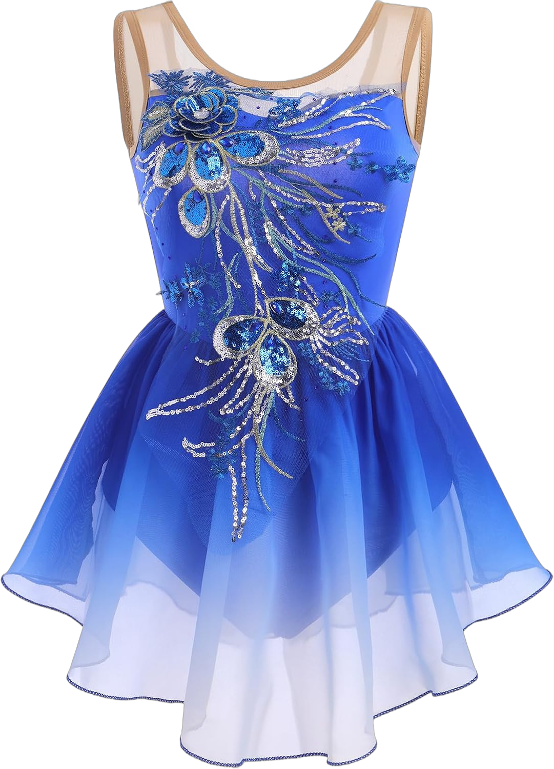 AFAVOM Women Figure Skating Dress Sequin Flower Mesh Ice Skating Dress Ballet Lyrical Dance Leotards for Competition Costume XX-Large Royal Blue