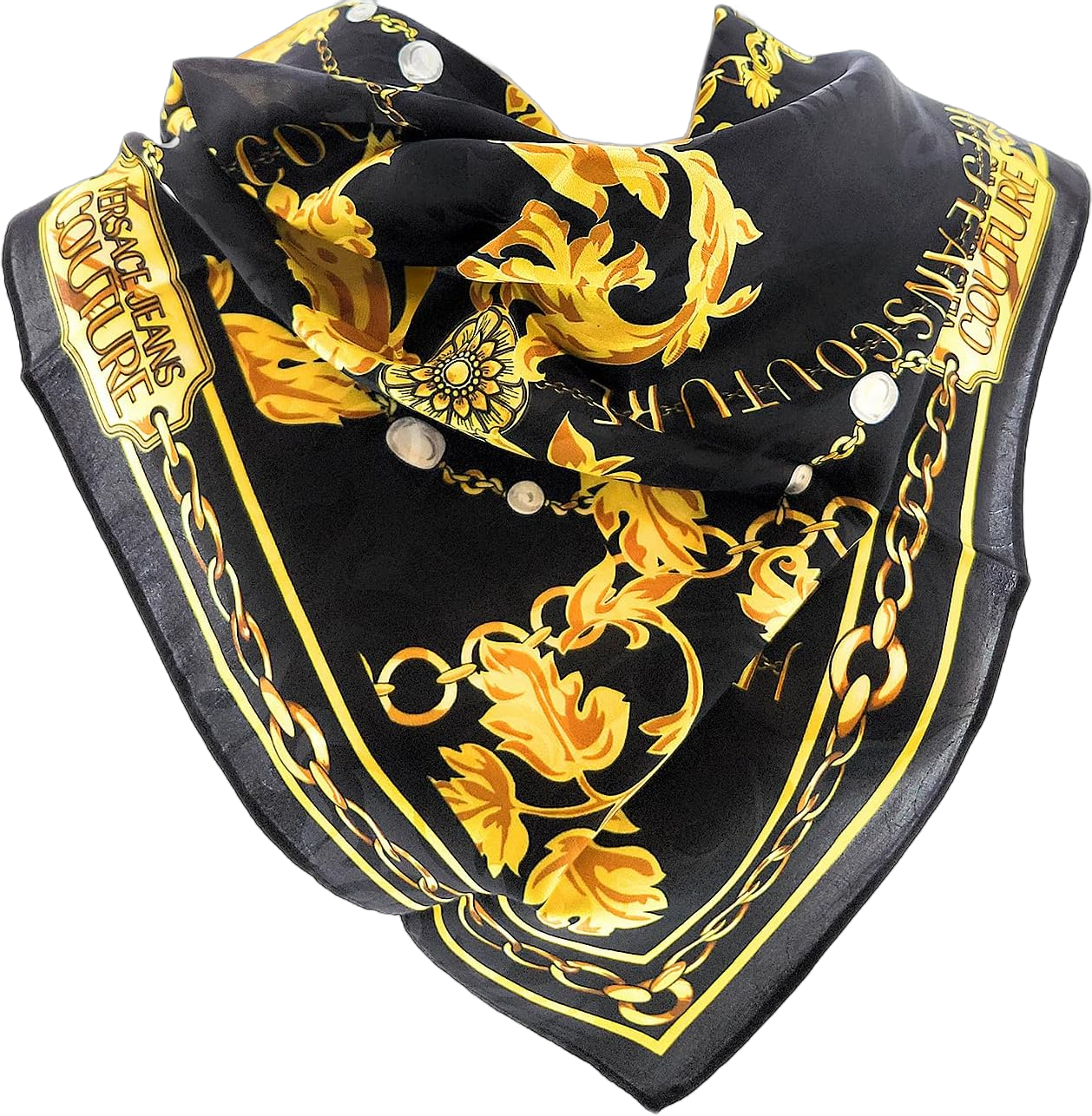 VERSACE JEANS COUTURE Black/Gold Charm Link Baroque Print Silk Scarf for Womens