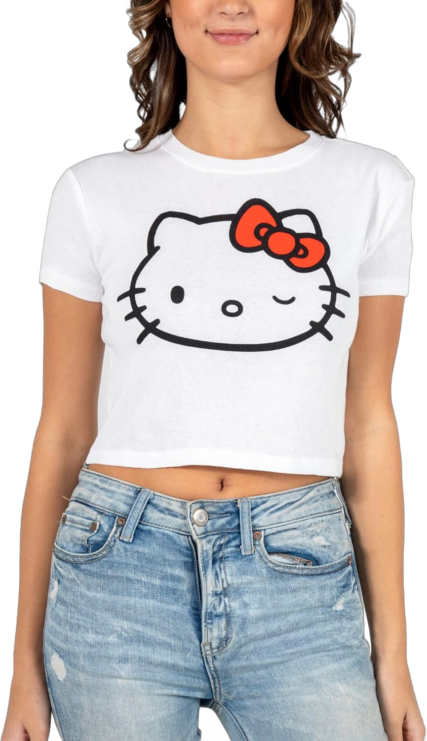 Hello Kitty Face Outline Crew Neck Short Sleeve Women's White Super Crop Baby Tee Small