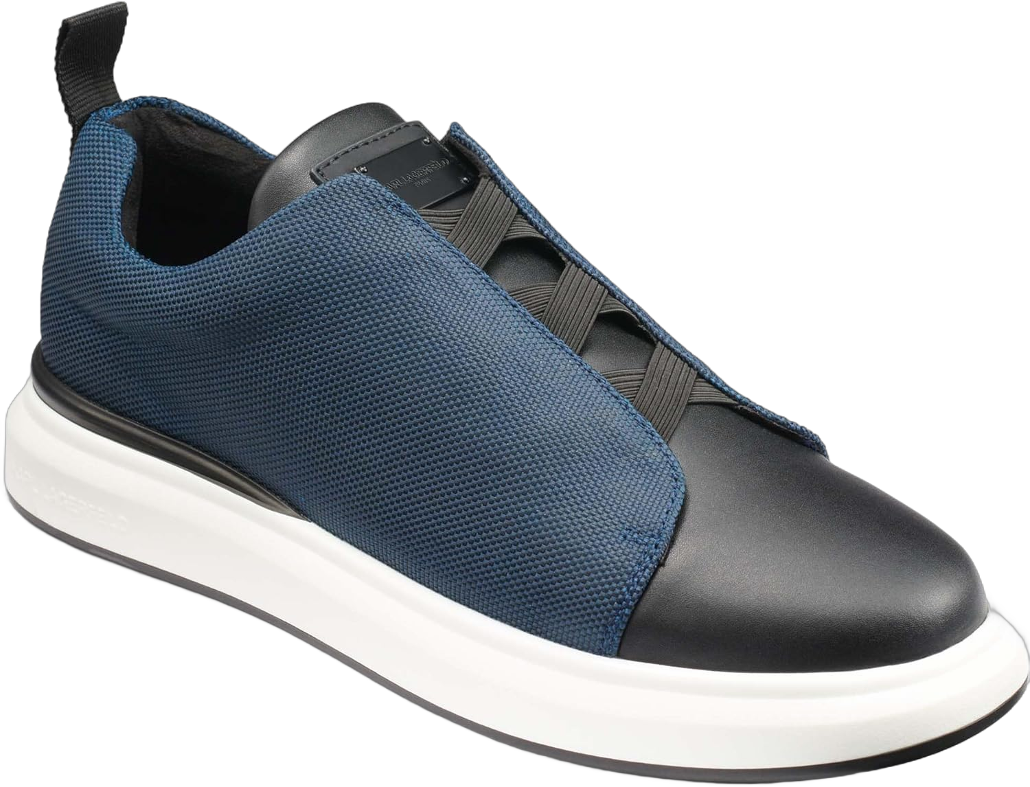 KARL LAGERFELD Men's Laceless White Sole Elasticized Criss-Crossing Detail Sneaker 10.5 Blue/Black