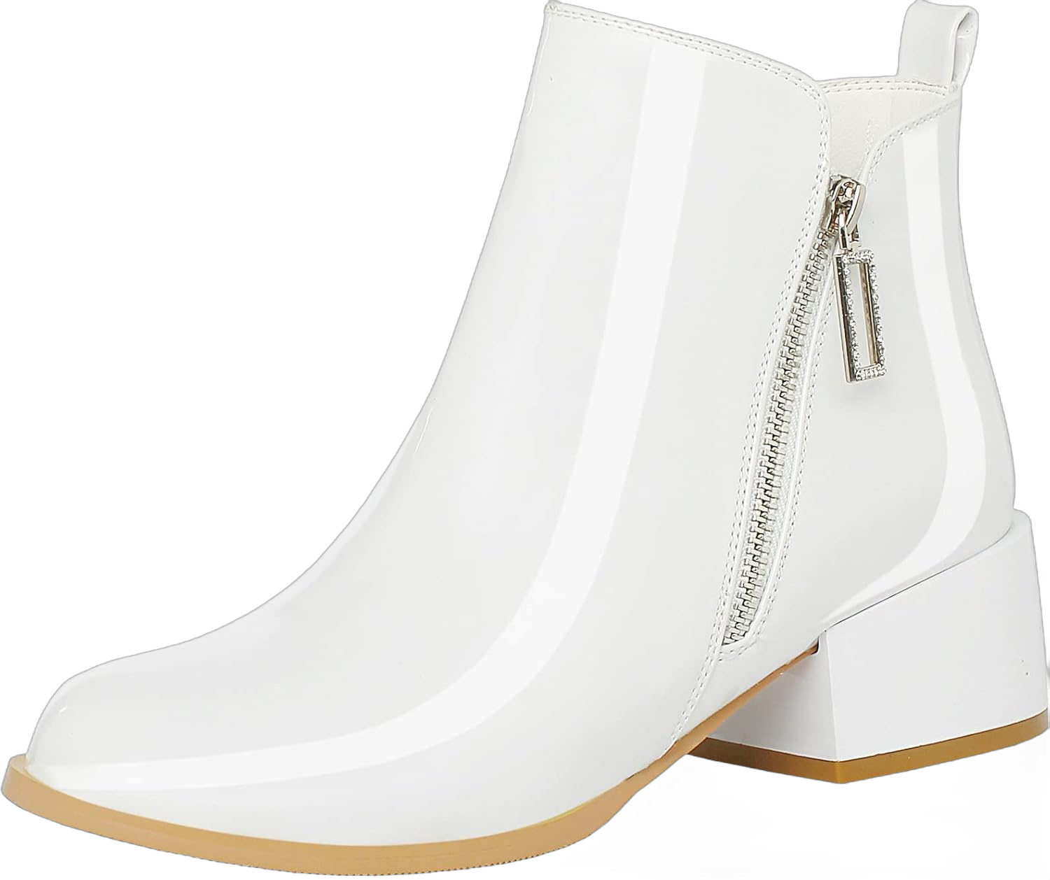 Parisuit Womens Patent Leather Booties Chunky Block Mid Heel Ankle Boots with Side Zipper Round Toe Dress Short Boots 8.5 White