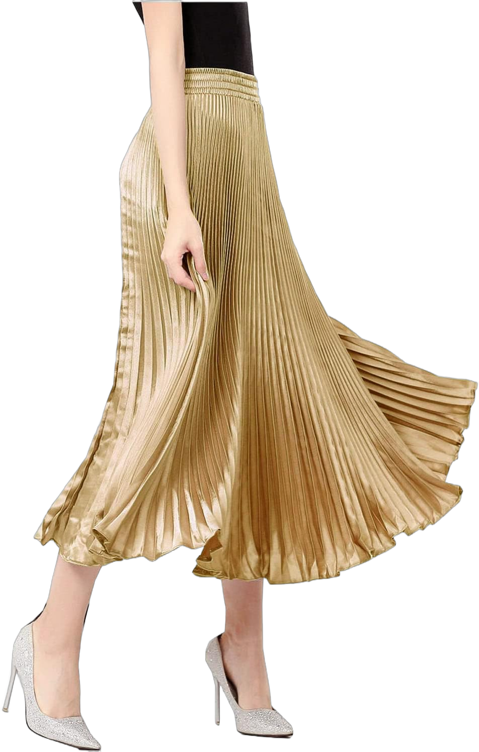 TONCHENGSD Women's Satin Metallic Pleated Accordion Long Maxi Skirt One Size Gold