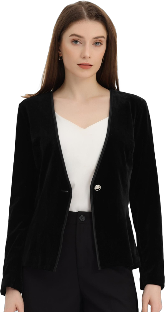 Allegra K Women's Long Sleeve Office Collarless 1 Button Velvet Blazer Black Medium