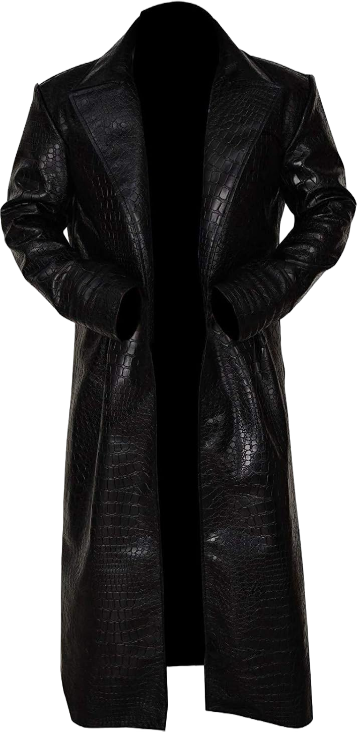 Matrix Morpheus Black Crocodile Long Leather Trench Coat Full Length Medium Black