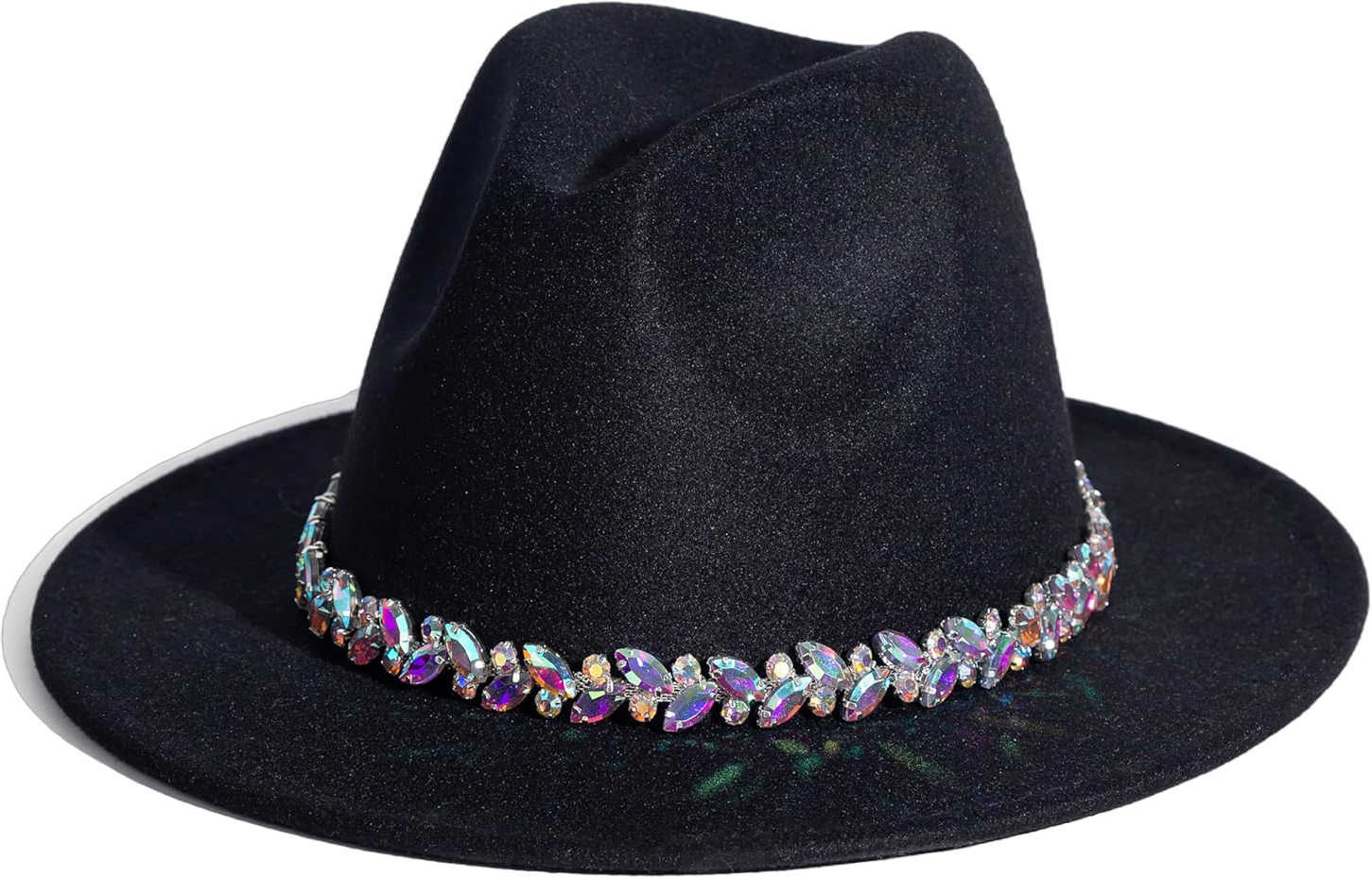 Womens Wide Brim Party Fedora Hats Shiny Rhinestone Wedding Felt hat Shiny Black